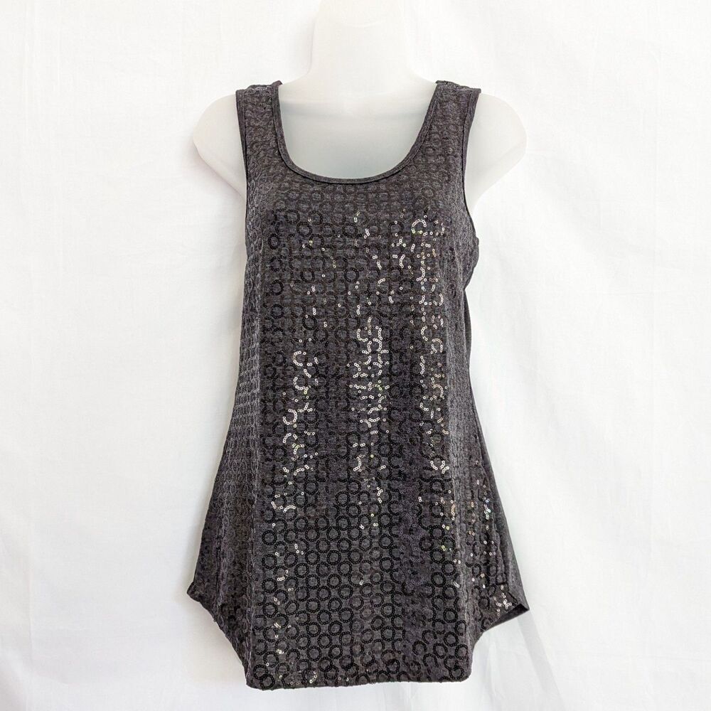 Pleione Front Sequin Dark Gray Sleeveless Top Size M Stretch Glam Classic